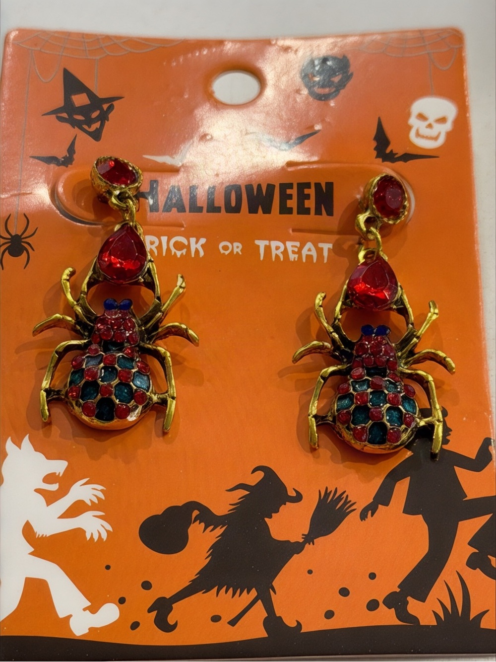 Gold-Tone Red & Multicolor Spider Drop Earrings - Halloween